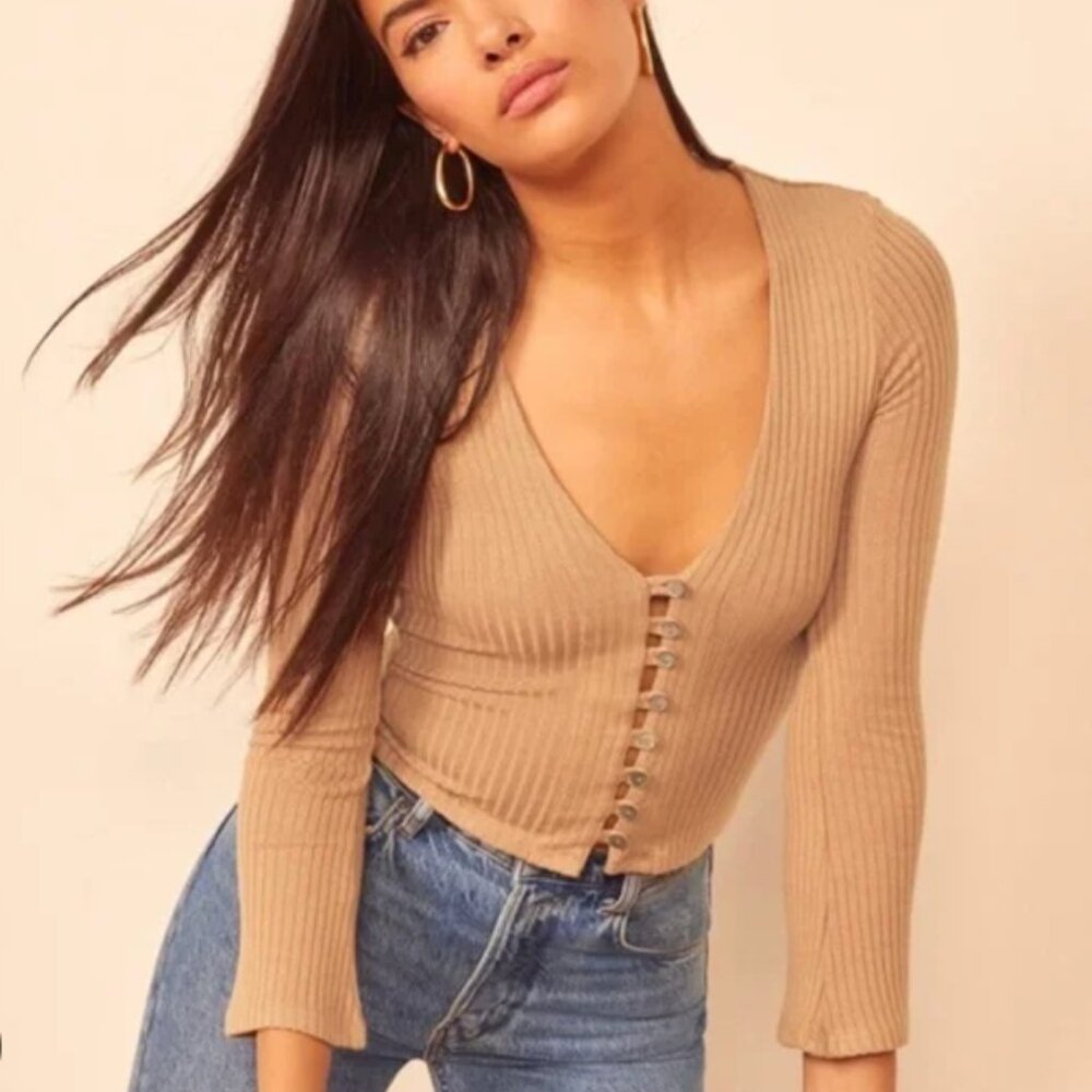 Reformation Gellar Knit Top ribbed V-Neck Long Sleeve Cardigan Sweater size S